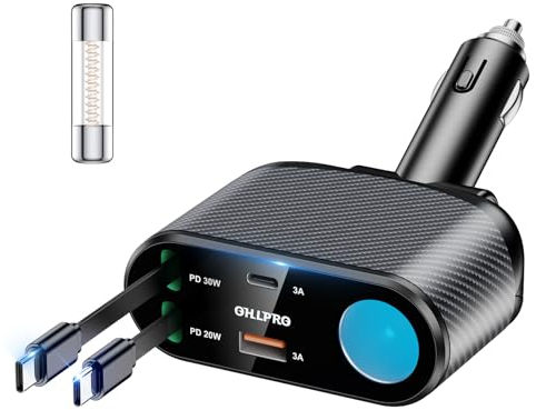 OHLPRO 5 en 1 Chargeur de Voiture Retractable, 168W Multi Prise Adaptateur Allume Cigare USB C, 5 Ports Dual Cable Rapide Charge PD3.0 Allume, Compatible avec iPhone,Samsung, Xiaomi, GPS, Tablette