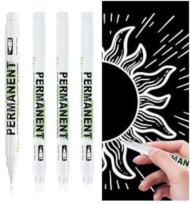 Qneneam 4 Stück Permanent Marker Weiß, Weiße Permanentmarker, Stift Weiß Wasserfest 1mm Feine Spitze, für Vielseitigen Einsatz auf Schwarzes Papier/Kunststoff/Steinbemalung/Keramik/Holz/Metall/Leder