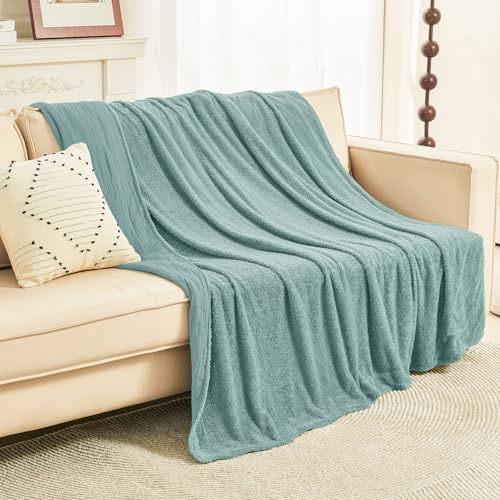 EMME Manta Reversible de Forro Polar de algodón de Muselina, 130 x 150 cm, Color Verde Azulado, Suave y cálida para sofá, Cama, Picnic, Cama de Viaje