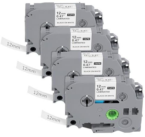 4 x Kompatibel für Brother P-Touch Bänder 12mm Kompatibel mit P Touch Schriftband Tze-231 TZ Tape 12mm 0.47''x8m White Tape Cassette Black on White für PT-H100 PT-H105 PT-D400 PT-1000
