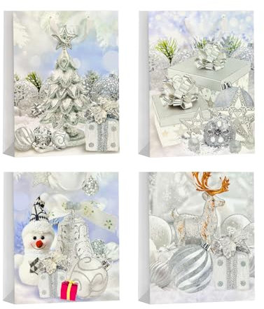 M&W DasDesign Glitzernde Weihnachts-Geschenktüten Set – 12 große Geschenkbeutel mit 4 eleganten Designs (je 3 pro Design), mit Glitzer-Effekt für festlichen Glanz, ideal für Weihnachtsgeschenke