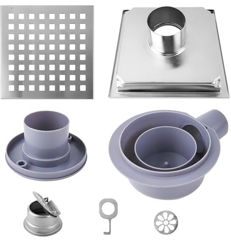 Scarico Doccia in Acciaio Inox, 150 × 150 mm Quadrato Piletta Doccia, Scarico Doccia a Pavimento Antiodore, Filtro per Capelli, per Bagno, WC, Balcone (Argento)