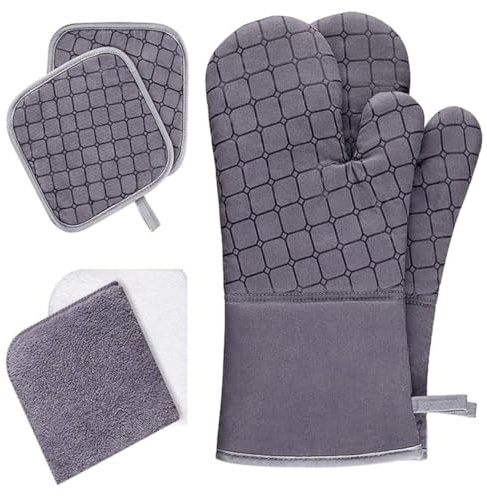 BESTOYARD Heat Resistant Oven Mitts and Potholder Set, Non-slip Grey Silicone Gloves with Quilted Cotton Lining, 6pcs Kitchen Baking Gloves for Oven and Microwave Use