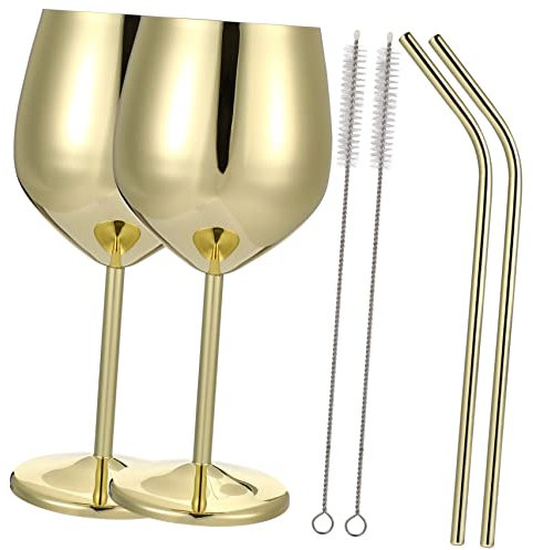 CIYODO Copas De Vino Tinto Irrompibles De Acero Inoxidable 500 Ml Con Pajitas Curvadas Plateadas 21,5 Cm y Cepillos De Limpieza, Set De 6 Piezas Para Fiestas y Banquetes