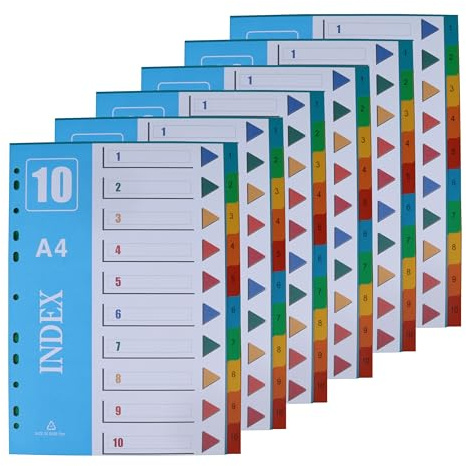 JALVPI 6er 10 Teilig Register Trennblätter für Ordner A4, Kunststoff, 1-10 Plastik Register-trenner für Organisation, 225x297mm