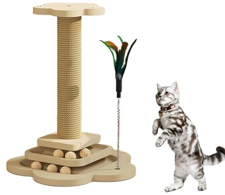 Multifunctional Cat Scratching Post-46cm Twine cat scratching posts, two layers of interactive track balls and two hanging balls, Vertical Scratching Posts for Indoor Cats