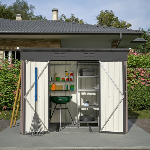 KOMHTOM 8x4 FT Casetta da giardino in metallo con fondazioni in metallo, capanna da giardino all'aperto con serratura, strumenti di Jardi (marrone)