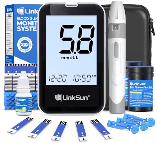 G-425-2V Blutzuckermessgerät, 100 Teststreifen, 100 Lanzetten, Blutzuckermessgerät, Stechhilfe, Glucose-Kontrolllösung, Glucometer für den Heimgebrauch，Mahlzeiten-Markierung, mmol/L & mg/dL