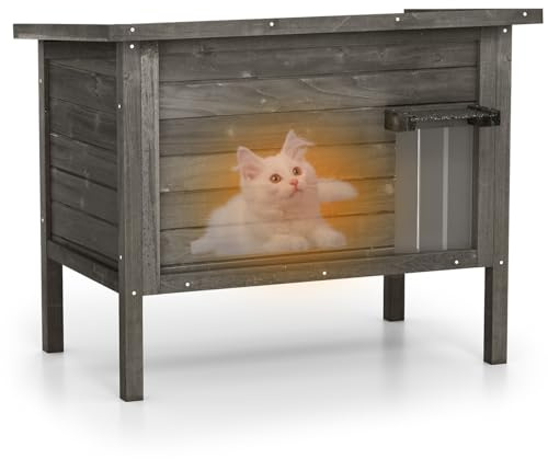 GYMAX Outdoor Insulated Cat House, Weatherproof Feral Cat Shelter with All-Round Foam, Double Room, Openable Asphalt Roof, PVC Door, Wooden Pet House for Winter Outside (Gray, 88 x 55 x 71cm) | with All-Round Foam, Double Room, Openable Asphalt Roof, PVC Door, Wooden Pet House for Winter Outside (Gray, 88 x 55 x 71cm)