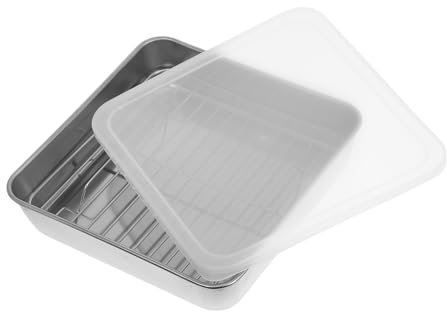 HOMSFOU 1 juego de sartén de acero inoxidable con tapa, bandeja para hornear para horno, diseño eficiente para pollo, carne y verduras, bordes seguros fáciles de limpiar