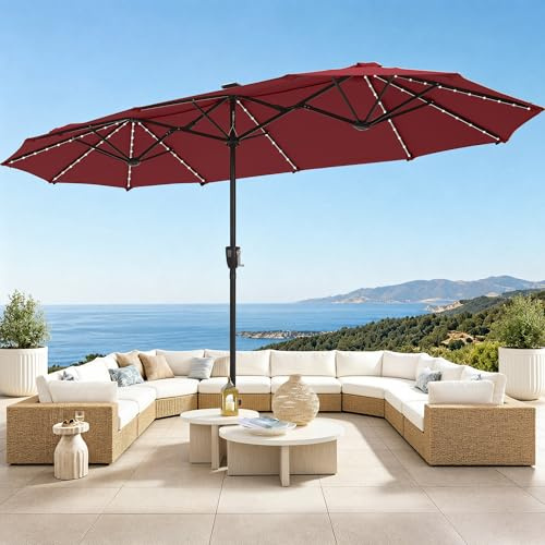 PHI VILLA Parasol de Jardin Extérieur,2x3,8m Parasol Double Face Rectangulaire avec LED Lampe et Manivelle,Protection Solaire pour Terrasse, Résistant à l'Eau,Anti au vent,Orange Rouge