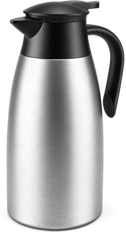 Vexillic Thermoskanne 2L,Doppelwandige Kaffeekanne 304 Edelstahl Isolierkanne 24 Stunden Wärmedämmung Kalt für Kaffee, Milch,Tee, Wasser, Getränk (Silver)