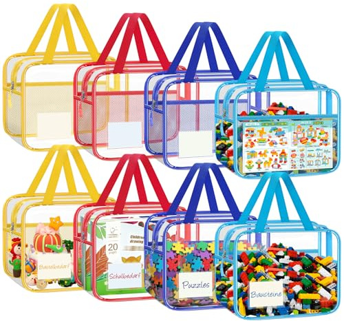 Uppsättning av 8 färgglada PVC-förvaringsväskor för leksaker, vattentäta toalettpåsar med dragkedja nätsidofickor, för badleksaker pussel, byggstenar 30 x 24 x 12 cm