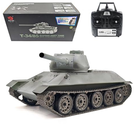 ENGINEMECH WW2 T-34/85 RC Panzer mit Sound, Raucheffekt, Kampfsystem, 2.4G 1:16 Mittlerer Militär Panzer 320°-Drehung des Turms, Geschenk für Erwachsene Militärliebhaber
