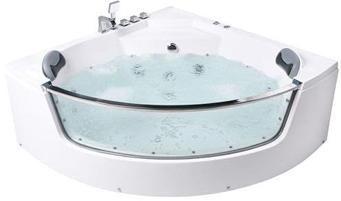 Hörnbadkar med LED-belysning Akryl Hydromassage Jetstrålar Nackstöd Rostfritt Stålbeslag Vit 210 x 148 cm Tamula