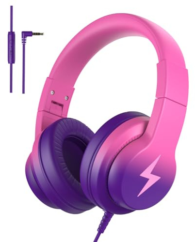 Candy Bila Kopfhörer Kinder, Kinder Kopfhörer mit Kabel, 85/94 dB Lautstärkebegrenzer,HD-Mikrofon,Einstellbar,Over-Ear,Stereo Sound,Faltbar Mädchen und Jungen Schule/Reise/Tablet-Farbverlauf Lila-Rosa