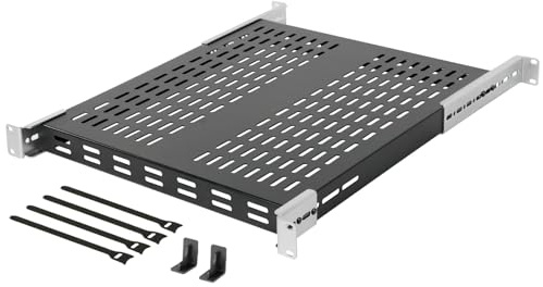 Tecmojo 1HE Fachboden, 19 Zoll 550 mm Tief, Variabele Tiefe von 343 mm bis 800 mm, Zum Festeinbau, verstellbare, Server-Rack-Einbauablage mit Lüftungsöffnungen, Traglast 110 kg,Schwarz