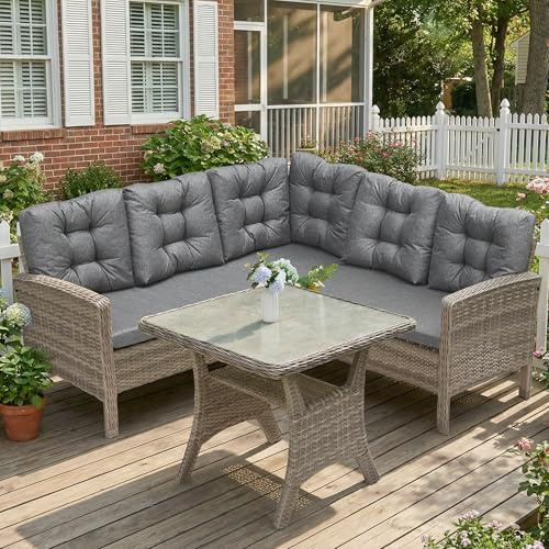 COMLAX FIELD Rattan Gartenlounge Outdoor mit Esstisch, Garten Loungemöbel | Gartenmöbel Set, Lounge Ecksofa Wetterfest, Sitzecke Outdoor, Balkonmöbel, Dining Lounge Set, für Garten Balkon, Grau