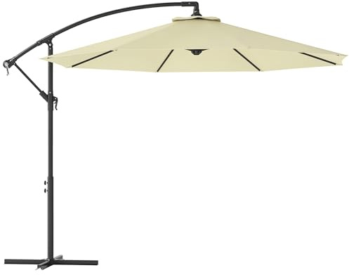 Outsunny Sombrilla de jardín 3 x 3 m con techo ajustable, base en cruz, salidas de aire, manivela, sombrilla descentrada inclinable de acero y poliéster, para patio y terraza, color beige.