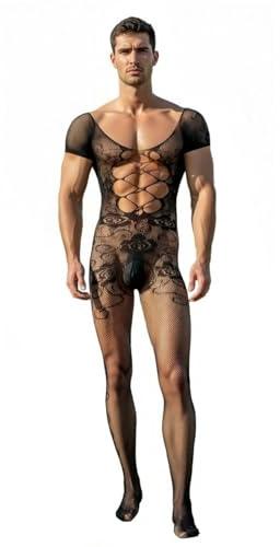 Bommi Fairy Mäns sexiga fisknät underskjortor med utskärningar Bodysuit Hot manlig jumpsuit Sissy-kläder Party Club Rave Gay-outfits, svart, En Storlek