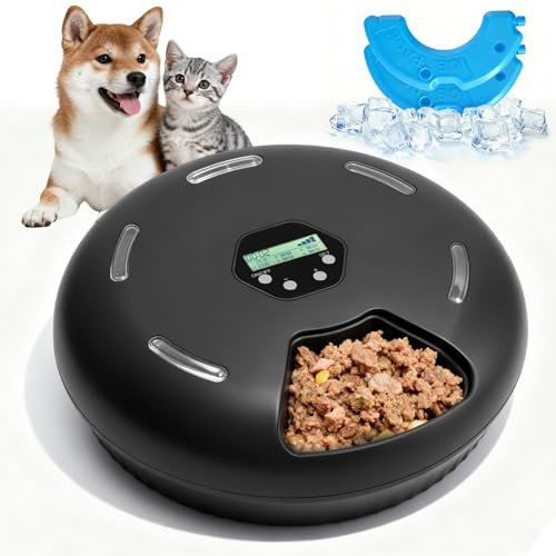 Automatic Cat Feeder Wet Food,Cat Food Dispenser with Timer,Auto Pet Feeder Refrigerated -For Cats and Small Dogs, Wet or Dry Food, 6 Meals per Day（Black）