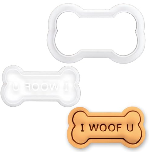 BAKERLOGY I Woof U Mini Cookie Cutter and Stamp Set – Dog Bone Fondant Embosser, Cupcake Topper for Valentine, Anniversary, Birthday, Pet Lover Baking Tool