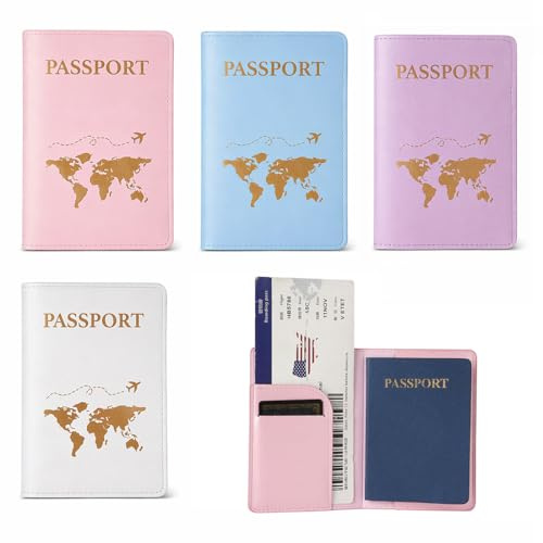 MKEAWUU Custodia Passaporto, 4 Pezzi In Pelle Pu, Colori Blu, Viola, Rosa Chiaro, Bianco, Formato Standard, Per Carte E Documenti