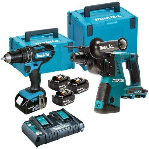 Makita DLX2137PMJ 18V Twin LXT Kit DHP482Z Combi Drill & DHR263ZJ Hammer SDS+ Drill with 4 x 3.0Ah Batteries Charger & Cases