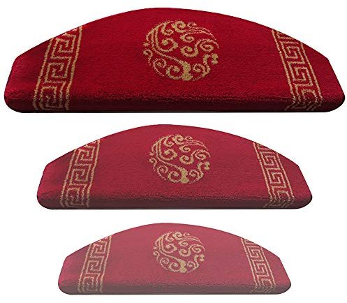 Halbrunder Rutschfester Treppenteppich, Roter Selbstansaugender Treppenmatten, Waschbare Stufenmatten, Retro-Muster Mit 3cm Saum, Umweltfreundliches Material,2pc-65x24cm