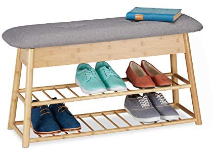 Relaxdays Banco Zapatero Recibidor, Organizador 8 Pares Zapatos, 2 Baldas, Asiento con Baúl, Bambú, 48x90x28 cm, Natural