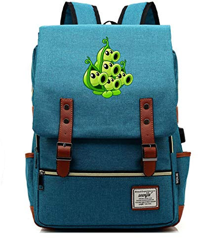 WANHONGYUE Plants vs. Zombies Spiel Backpack Vintage Schulrucksack Schulranzen Studententasche 15,6 Zoll Laptop Rucksack mit USB-Ladeanschluss Deep Sky Blue / 4