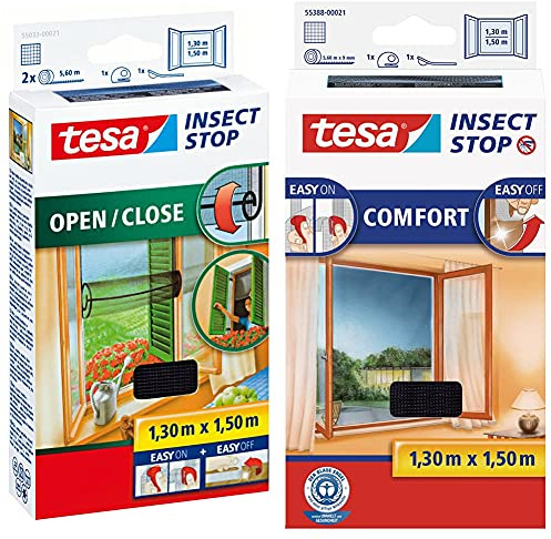 tesa Insect Stop COMFORT Open/Close Fliegengitter Fenster zum Öffnen und Schließen, 130 cm x 150 cm & Insect Stop COMFORT Fliegengitter für Fenster, 130 cm x 150 cm