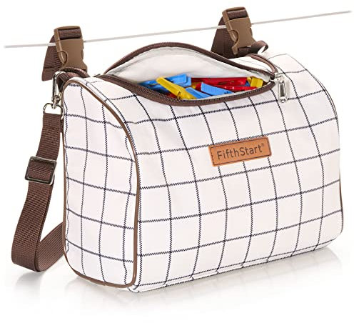 FifthStart Multipurpose Peg Bag - Heavy Duty & Waterproof - Peg Basket - Shoulder Strap, Waist Belt & Washing Line Clips -Versatile Clothes Peg Bag - Holds 300 Pegs (Solid Base, Brown Check)