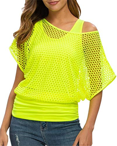 Smile Fish T-shirt sexy des années 80 en résille fluo avec épaules dénudées, vert fluorescent, S