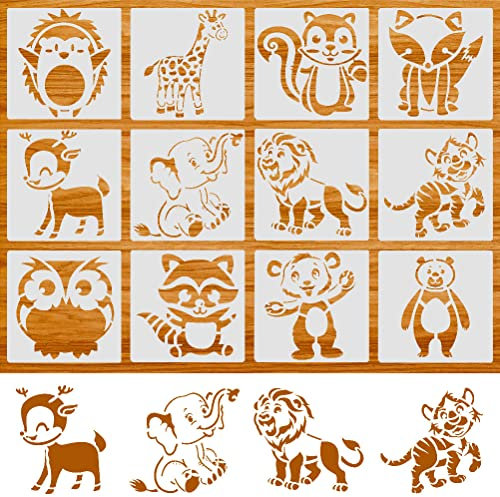 nuoshen 12 Stück Tier-Schablonen, 13x13cm Malerei-Schablonen, Tier-Zum-Malen-Kunststoff-Set, Waschbar für DIY-Basteln (Weiß)