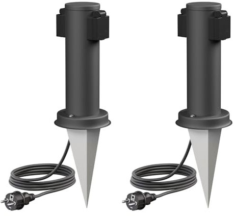 ledscom.de 2 Prises de Jardin Colonne PORU avec Piquet de Terre et 2m de câble pour l'extérieur, 2 Fois, Acier Inoxydable, Anthracite, Rond, 27cm