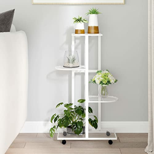 Festnight Blumenständer Metall 5-Etagen mit Rollen Blumenregal aus Eisen Pflanzenständer Metall für Garten Balkon Blumentreppen Pflanzenregalen Pflanzenregal Blumentreppe 44x23x80 cm Weiß Eisen