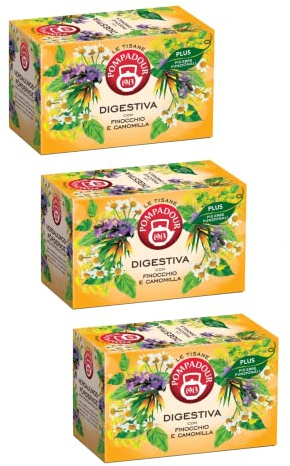 Pompadour 1913 | Tisana Digestiva Plus Base Erbe Aromatiche | Infuso Finocchio & Camomilla - 3 x 18 Bustine di Tè (118.8 Gr) | Tè Senza Caffeina