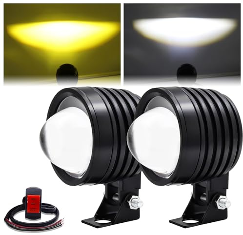 Ygmylandbb Feux Additionnels LED Moto, Phares LED de Moto Projecteur Auxiliaire antibrouillard Ambre/Jaune Blanc Bicolore, 60W DC12V 6000lm (Inclure le commutateur) 2pcs spot