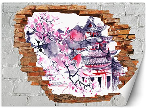 Feeby Papier Peint Intissé 3D Trou dans le mur Nature Abstrait 250x175 cm rose Moderne Décoration Murale Tableaux Muraux Déco Tapisserie pour Salon Chambre à coucher Bureau Fleur de cerisier Japon