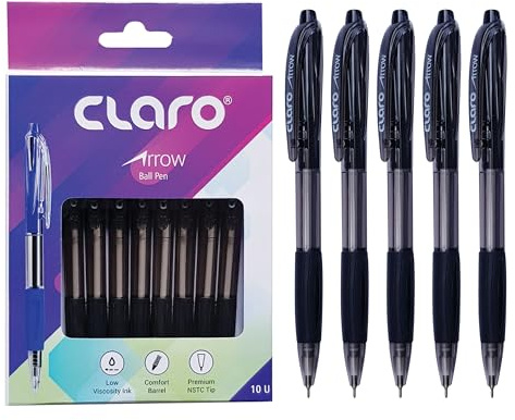 CLARO Arrow Lot de 10 stylos à bille rétractables noirs à pointe fine (0,7 mm), parfaits pour l'école, le bureau, la maison, un usage quotidien
