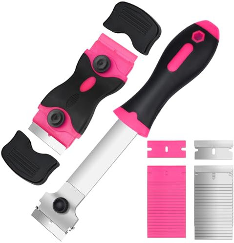 Ainiv 2 Raspadores de Cristal con Mango Largo, Incluyendo 20 Cuchillas de Repuesto, Rascador Multiusos de Limpieza para Raspar Etiquetas, Pegatinas, Calafateo, Pintura de Vidrio (Rosa)