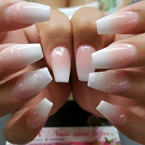 MouyouGlow Press on Nails Kurz,Ballerina Babyboomer Farbverlauf Weiss Glitzer Fake Nails Kunstnägel Natural Pink Ombre White Künstliche Fingernägel