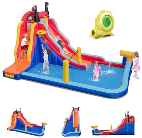 GOPLUS Château Gonflable avec Toboggan, Panier de Basket, Murs d’Escalade et Piscine, Maison Gonflable avec Gamme Complète d'Accessoires, Parc Aquatique pour Enfants de 3 à 10 Ans(avec Souffleur 850W)