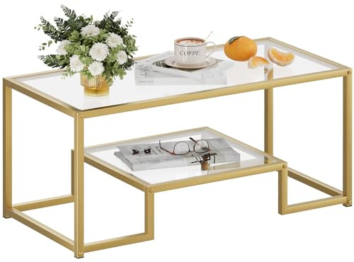 Wolawu Coffee Table Gold Glass Coffee Table for Living Room,2 Tiers Rectangle Center Table with Sturdy Metal Frame,Modern Tempered Glass Accent Table for Bedroom Home Office