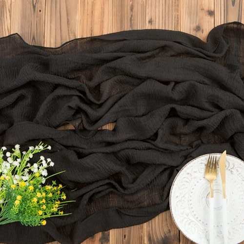 AOKSUNOVA Käsetuch Tischläufer Musselin Hochzeit Dekostoff Schwarz | Boho Käsetuch Tischläufer aus Musselin und Gaze,Eleganter Dekostoff für Hochzeit und Feste,Stilvolle Tischdeko im Naturlook