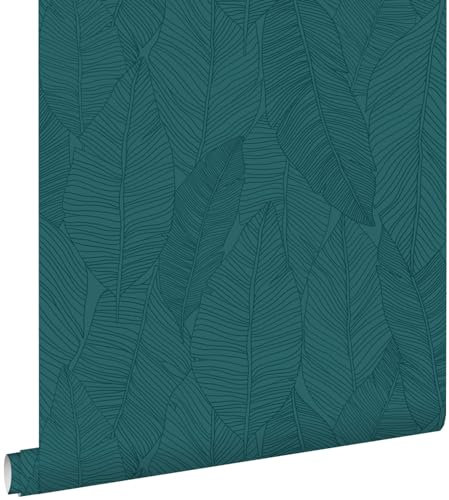 papier peint feuilles dessinées bleu canard 53 cm x 10.05 m - ESTAhome