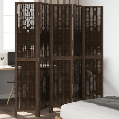 KLYEON 5-TLG. Raumteiler Dunkelbraun Massivholz Paulownia,Moderner Faltbarer Raumteiler aus Weidenzweigen mit Verbrannter Optik für Dein Zuhause