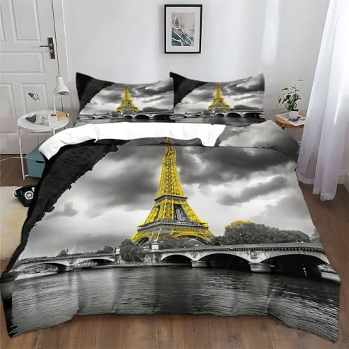 Srigzcaly Goldener Pariser Eiffelturm Bettwäsche 155x220 cm Grau, Kinderbettwäsche 3teilig, Weiche Microfaser Wendebettwäsche-Set - Deckenbezug und Kissenbezug mit Reißverschluss