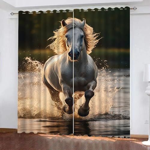 Generisch Gardinen Laufendes Pferd 2 Stück H 140Cm X B 60Cm,Vorhang Tier Blickdicht Ösen 2Er Set,Verdunklungsvorhänge Lichtundurchlässig Kinderzimmer,Kinder Vorhang Verdunkelung,E24